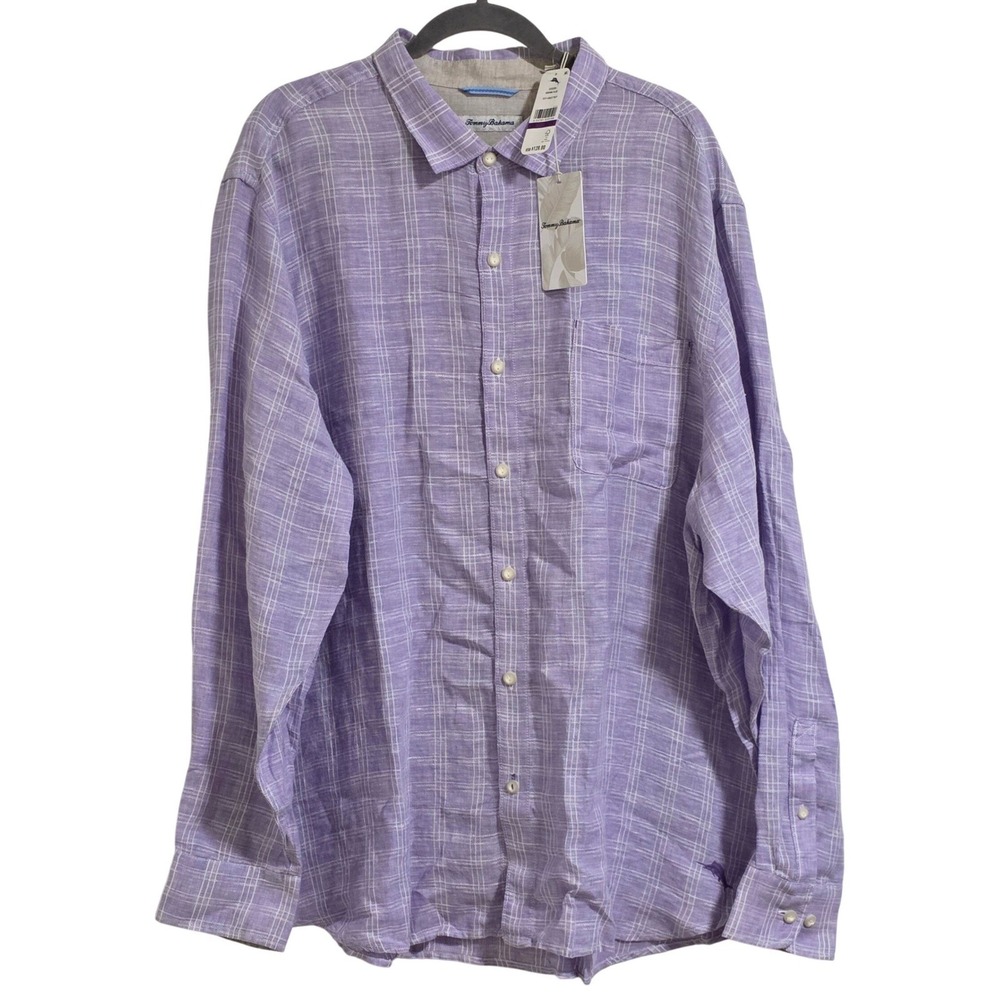 Tommy Bahama Ventana Plaid Linen Long Sleeve Shirt Men's XXL Violet Tulip New